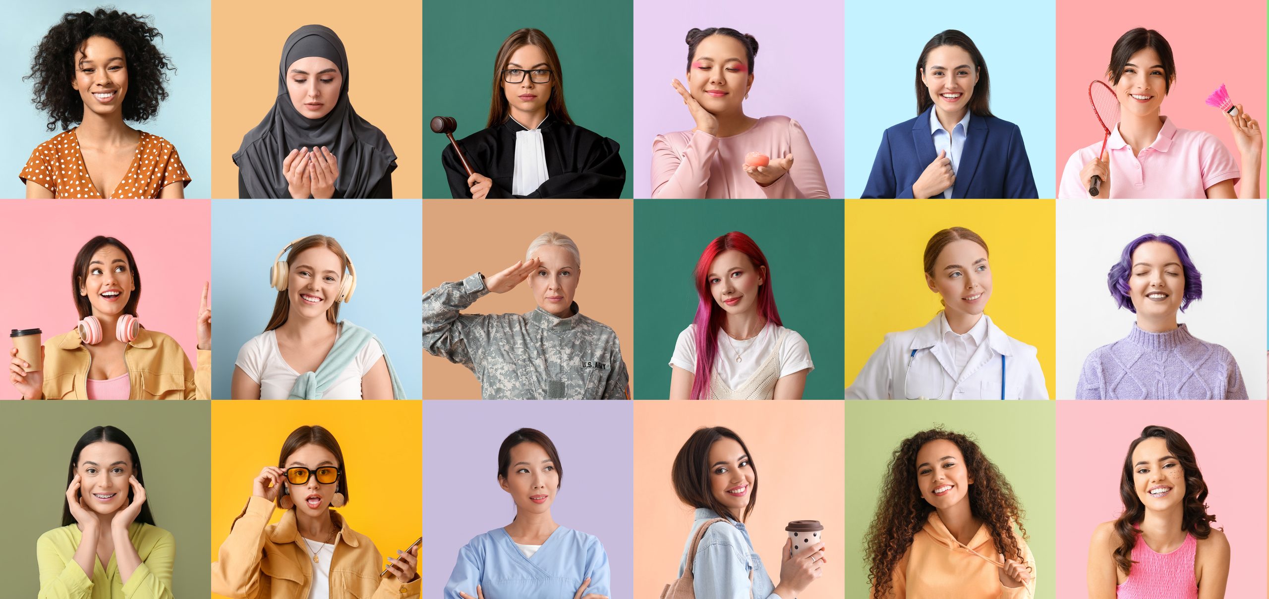 Collage of beautiful women on color background